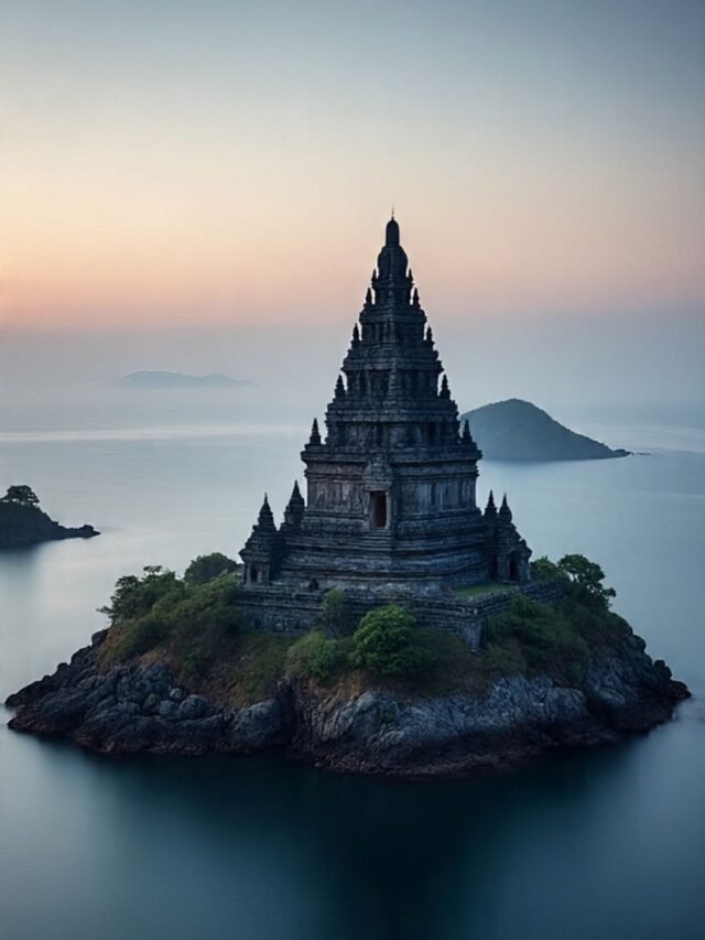 Illustration of a mysterious island with ancient temple and silent surroundings, believed to grant moksha.