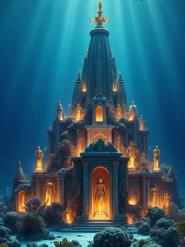Ancient underwater ruins representing the lost city of Atlantis in the deep sea