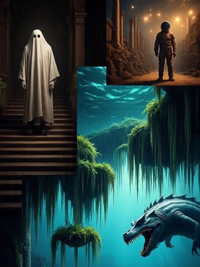 A collage of mysterious historical photos including ghost, UFO lights, sea monster, spaceman, and ancient ruins in a dark, eerie theme