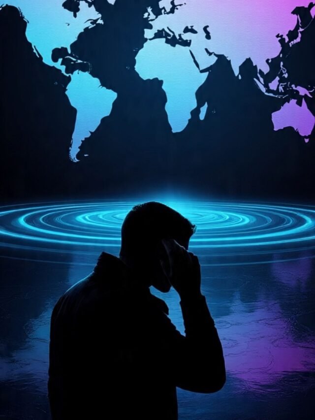 An artistic depiction of a person hearing a low-frequency mysterious hum with a world map in the background