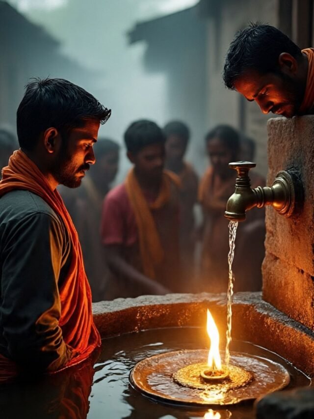 A man pouring holy water into a salty sea pot that turns into drinkable sweet water – miracle in India