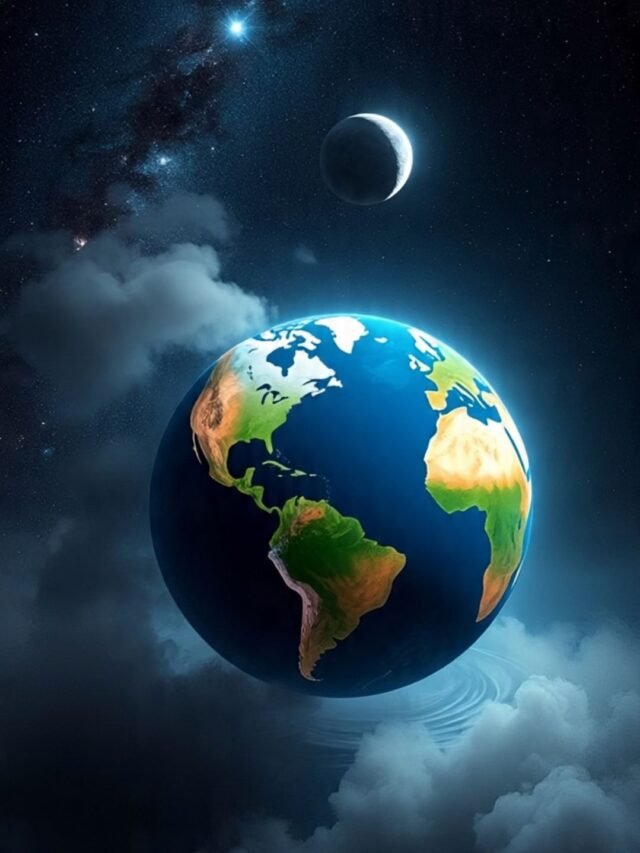 A digital concept showing Earth without the Moon in space, with dark oceans and disrupted tides.
