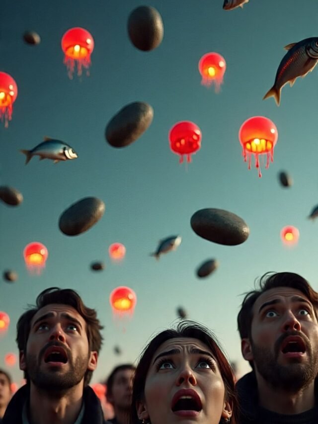 Illustration showing mysterious objects like fish, stones, and red rain falling from the sky