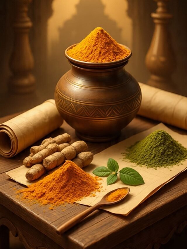 Illustration of traditional Ayurvedic herbs and remedies from ancient India