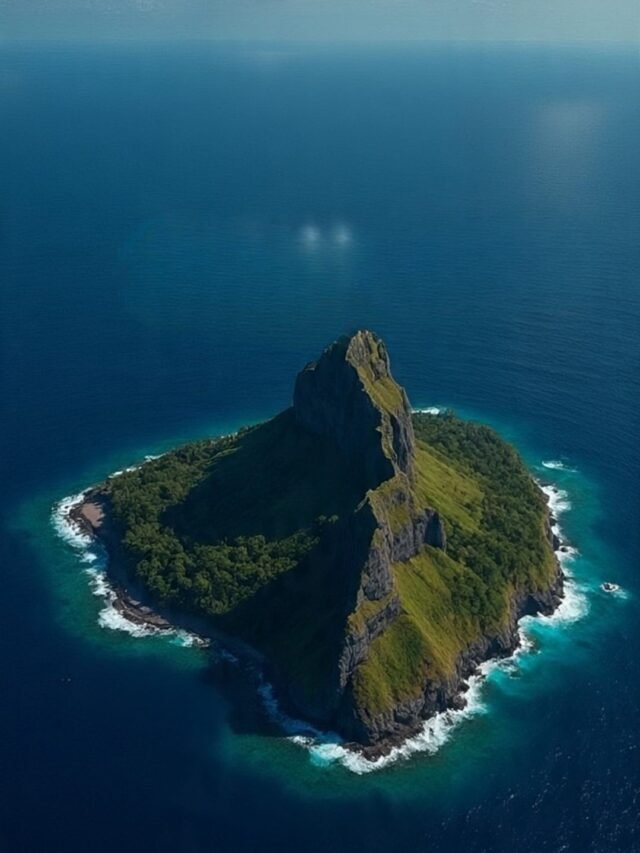 Aerial view of North Sentinel Island surrounded by blue ocean waters and dense green forest