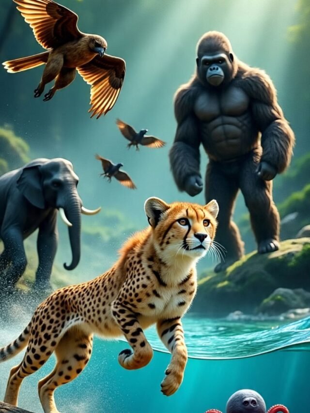 Collage of animals with extreme speed and strength including a cheetah, gorilla, falcon, elephant, and octopus in their natural habitats