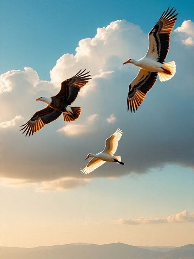 Multiple large birds flying high in the sky over scenic American landscapes