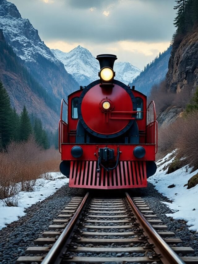 A breathtaking scenic view of a train riding through mountains and valleys, showcasing one of the world's most thrilling train journeys.