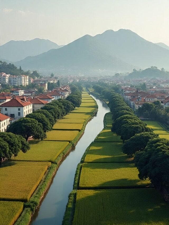A serene street view of a calm, slow-paced city with few people and minimal traffic