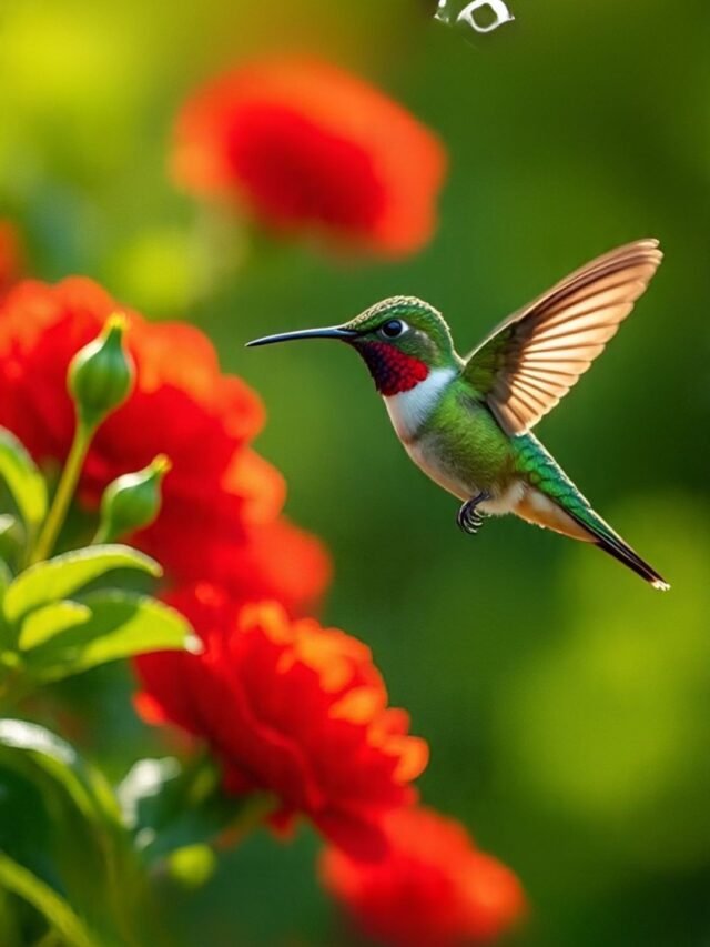 A vibrant collage of nine colorful backyard birds in an American garden with trees, flowers, and feeders