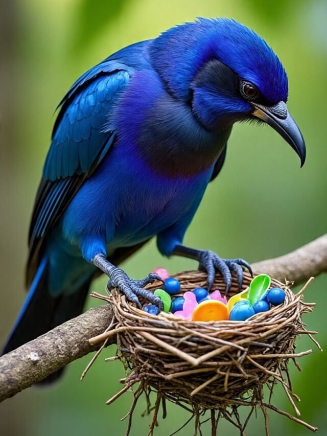 A collage of 9 different birds with their unique nests, including weaver bird, flamingo, hornbill, tailor bird, and more.