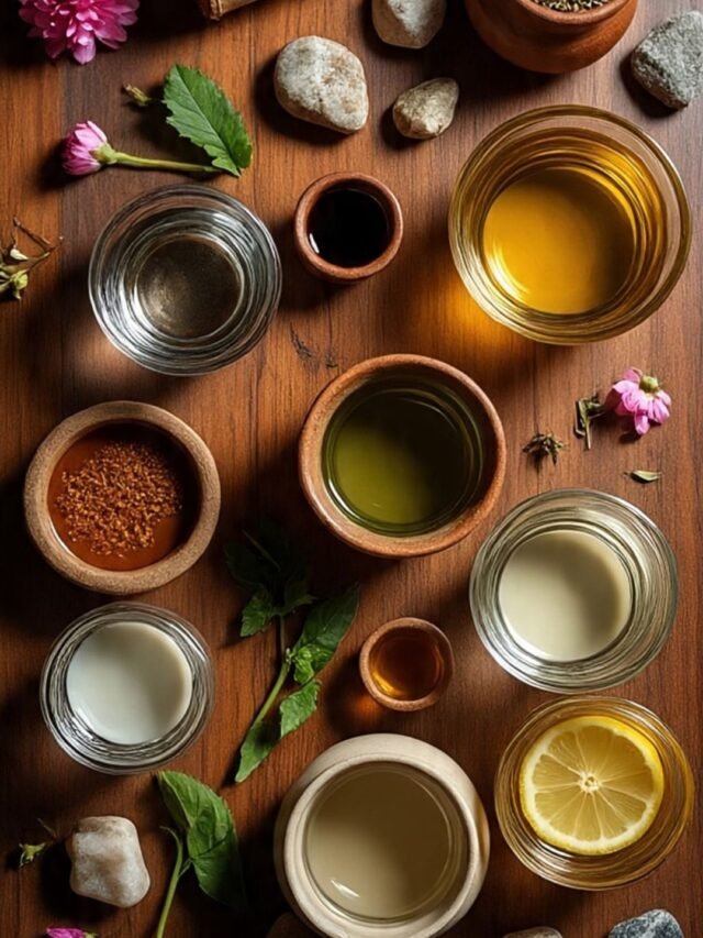Top view of herbal medicinal water drinks made with tulsi, cumin, rose, and lemon honey, arranged with Ayurvedic herbs and natural elements on a wooden background.