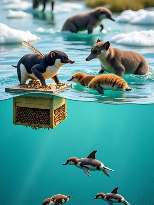Collage of animals like bees, dolphins, elephants, and orcas showing teamwork in their natural habitats