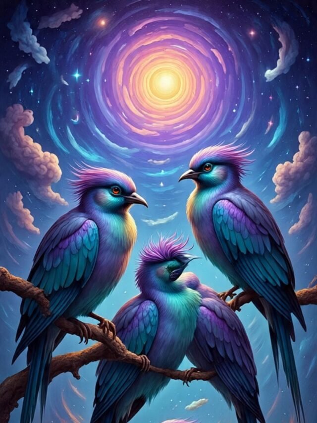 A collection of exotic birds with vibrant feathers in a magical jungle setting