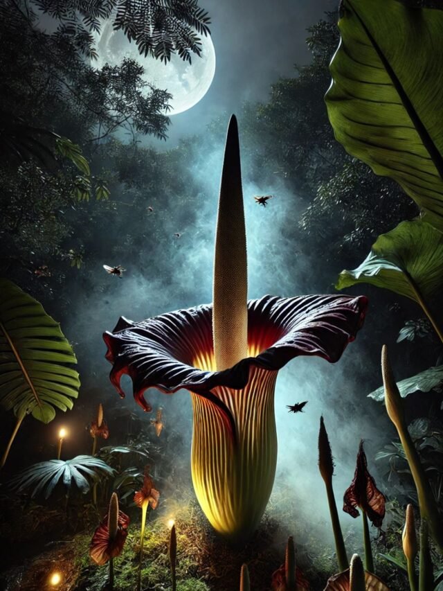 A giant Titan Arum plant blooming with large petals and a unique structure in a botanical garden.