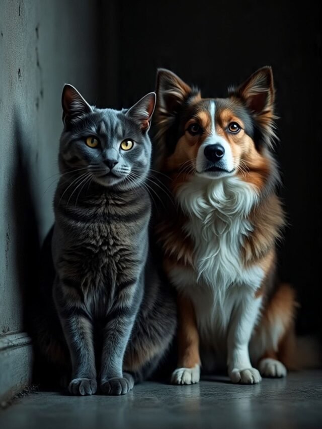 A cat and a dog sitting side by side, staring at an empty dark corner in a mysterious room.