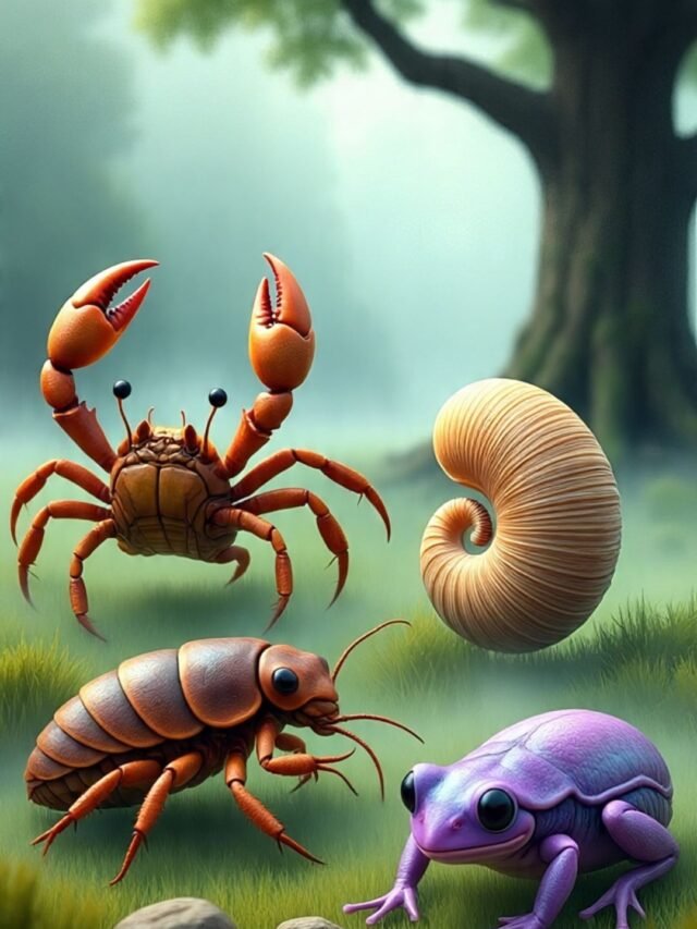 Illustration of ancient animals like Coelacanth, Horseshoe Crab, Nautilus, and others that still exist today in a prehistoric setting