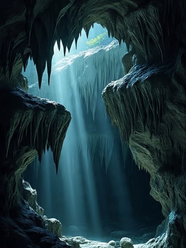 Dark entrance of a mysterious cave hidden deep in the mountains