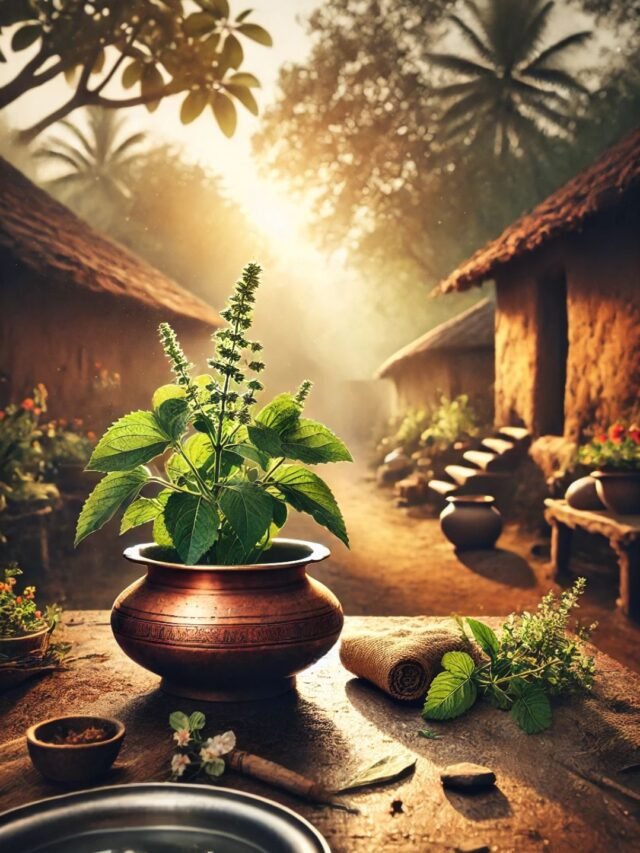 Illustration showing ancient Indian water practices for health benefits like copper water and early morning hydration.