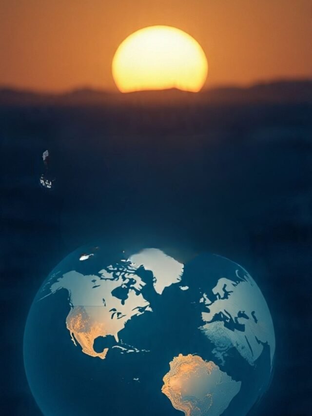 A global map with sunlit regions showing the Midnight Sun effect in countries like Norway, Alaska, and Iceland