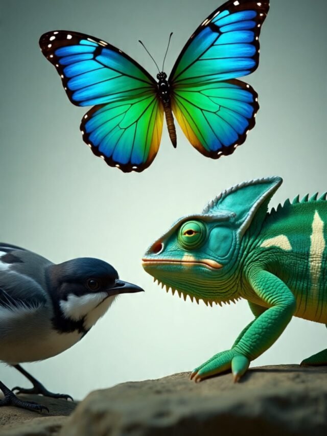 A collage of animals like chameleon, octopus, cuttlefish, and bird changing their colors for camouflage and survival