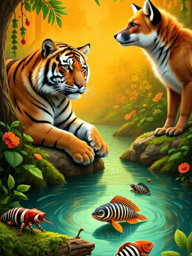 A collage of 8 orange-colored animals in their natural habitats including tiger, fox, frog, ant, snail, fish, monkey, and tarantula