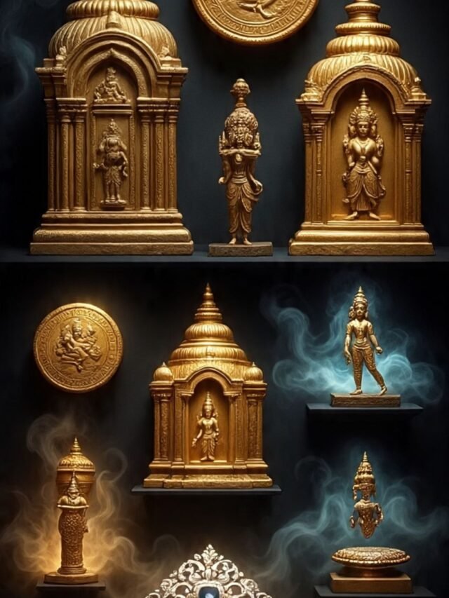 Illustration of ancient Indian treasure hidden in temple and caves
