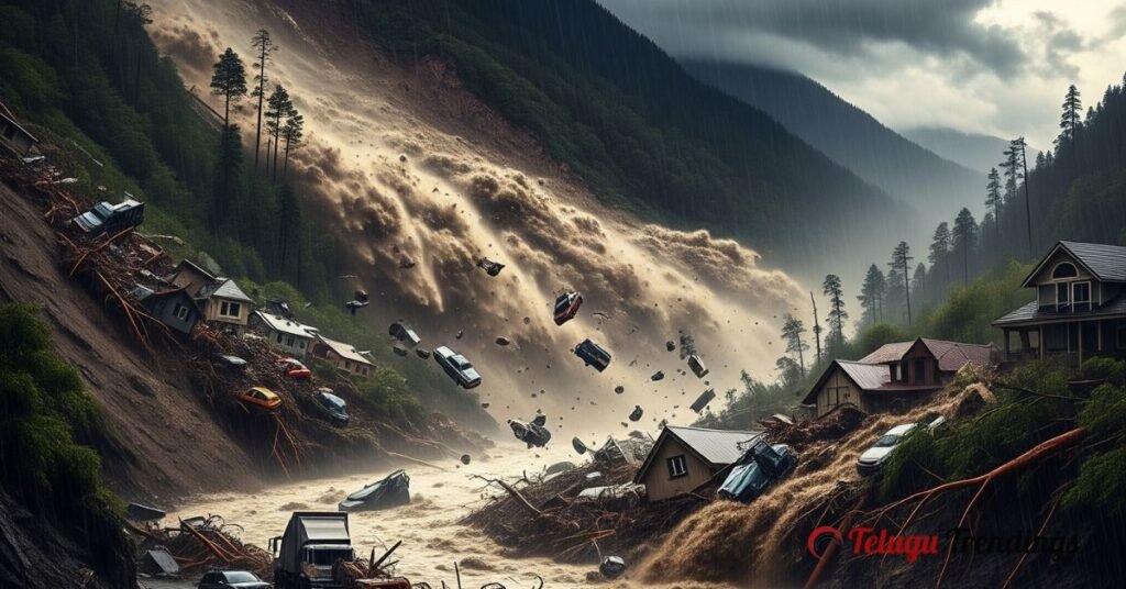 A massive landslide with rocks, trees, and mud sliding down a mountain slope during heavy rain.