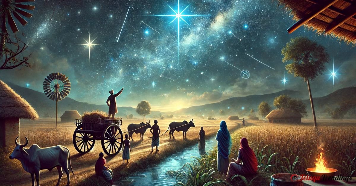 Ancient people observing stars in the night sky to predict seasons, directions, and rain