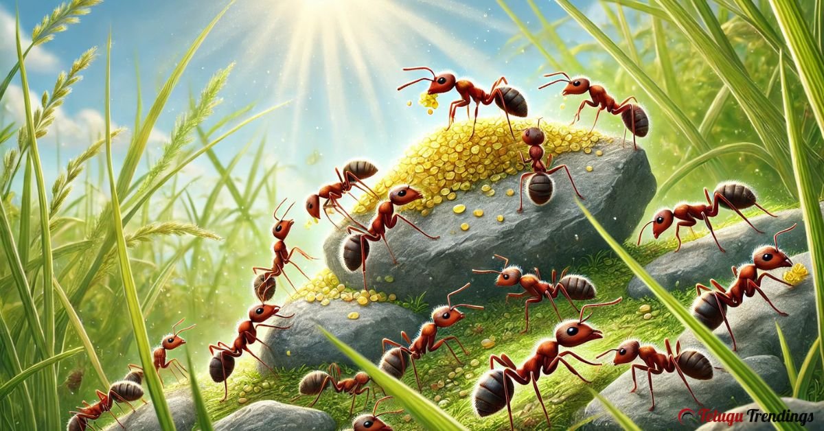 Illustration of hardworking ants carrying food grains, teaching life lessons of hard work, patience, and teamwork
