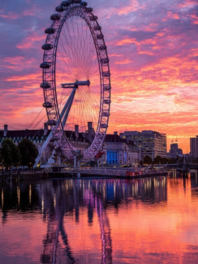 London Eye ferris wheel with Thames River and London skyline at sunset
