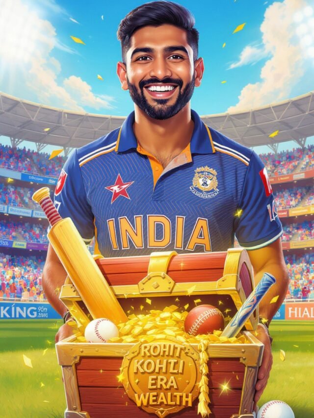 Illustration of Arjun Gill standing on a cricket field with faded images of Rohit Sharma and Virat Kohli in the background, symbolizing the transfer of cricket legacy and wealth.