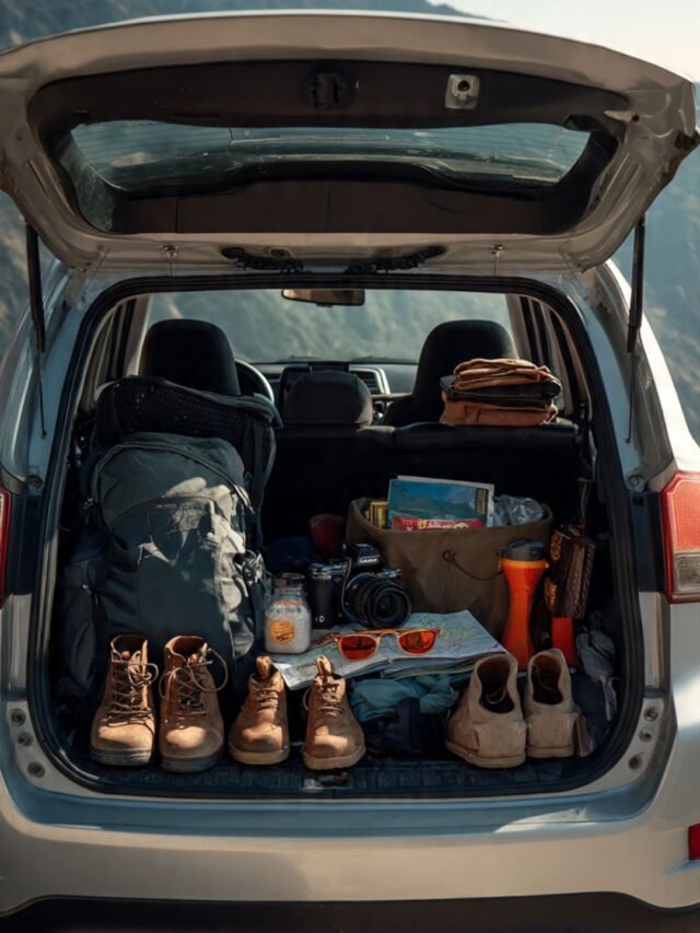 A car packed with road trip essentials on an Indian highway with scenic background