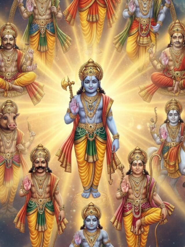 Artistic depiction of the ten avatars of Lord Vishnu in traditional Hindu style