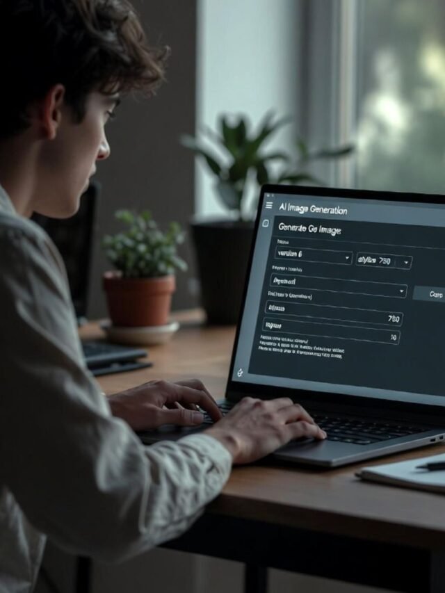 Content creator writing AI image prompt on laptop with creative workspace setup