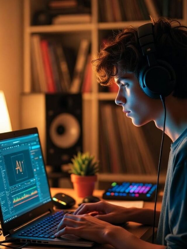 Music producer creating an AI-generated song using a laptop and headphones in home studio