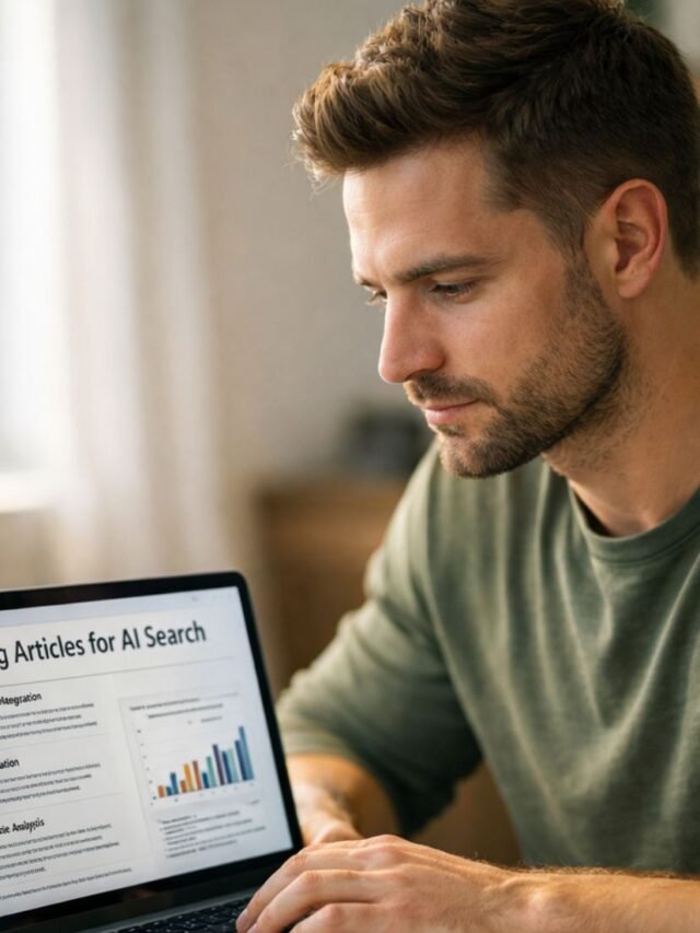 Person optimizing an article for AI search engines on a laptop