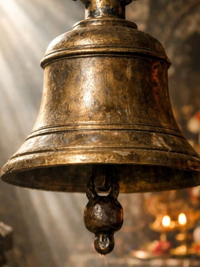 Close-up of a traditional brass temple bell hanging inside a Hindu temple with soft morning light.
