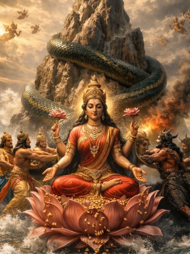 Devas and asuras churning the milky ocean during Samudra Manthan using Mandara mountain and Vasuki serpent.