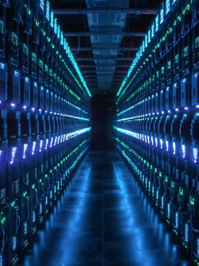 Futuristic AI data center in China with glowing server racks and digital interface overlays