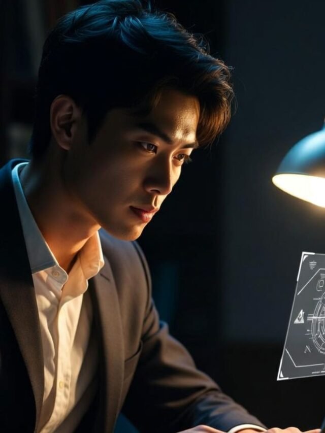 A professional working on a laptop with an AI assistant interface glowing in a modern workspace