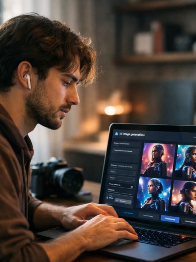 Person generating AI artwork using Google Gemini on a laptop in a modern workspace