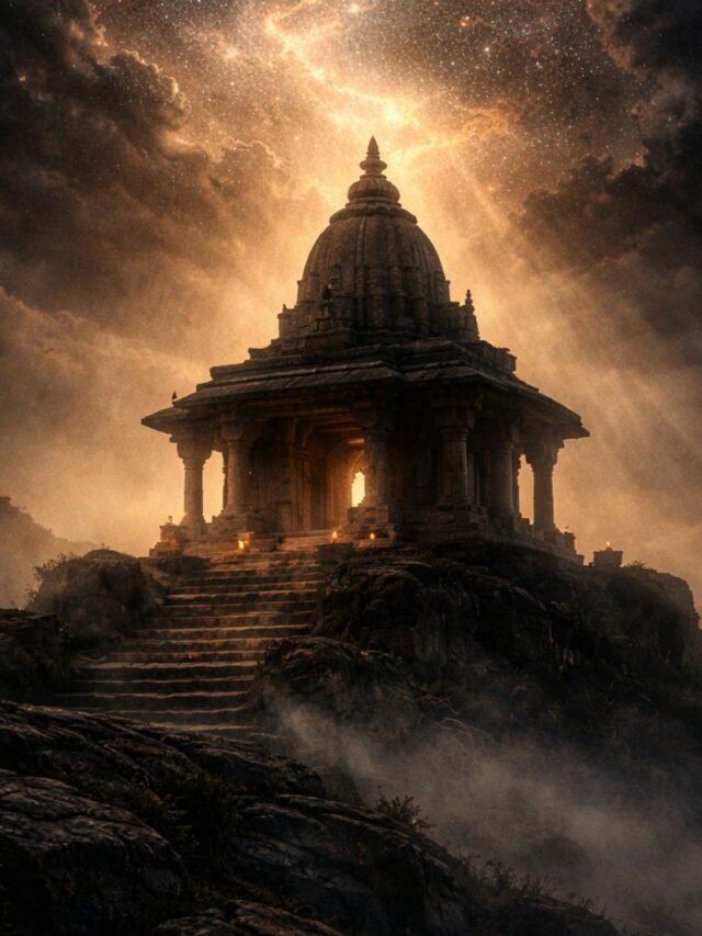 Spiritual glowing light emerging from ancient Indian temple during sunset