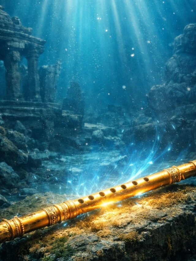 Mystical golden flute glowing underwater near ancient submerged Dwarka ruins