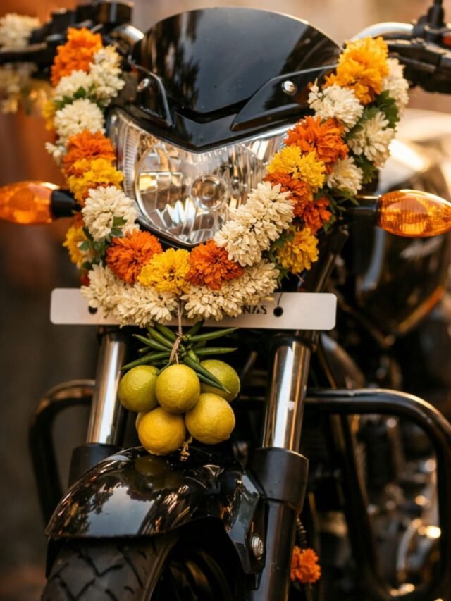 Lemon tied to the front of a new motorcycle for protection