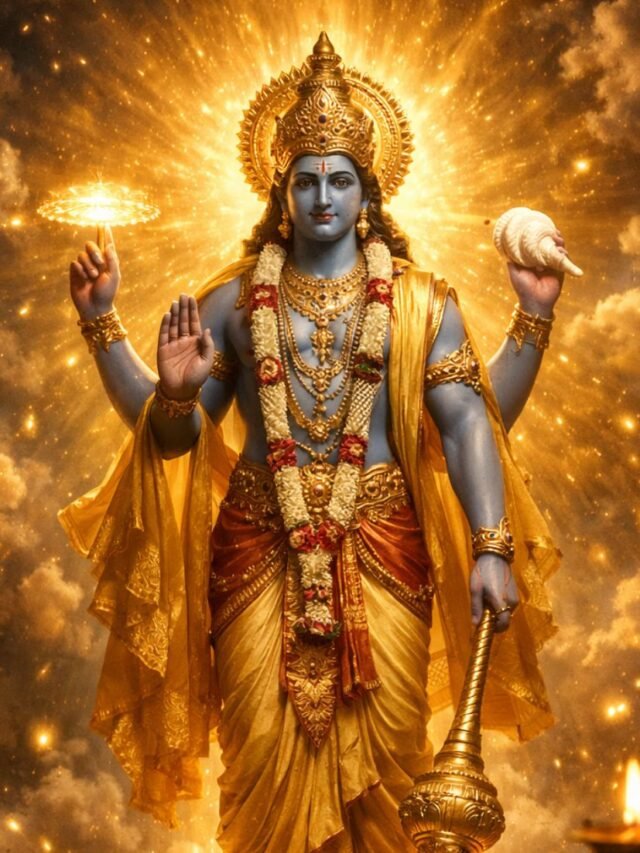 Lord Vishnu idol with golden aura and sacred symbols in temple background.