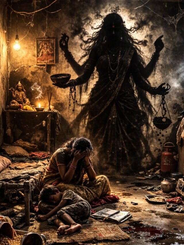 Dirty house entrance with scattered garbage symbolizing poverty and energy