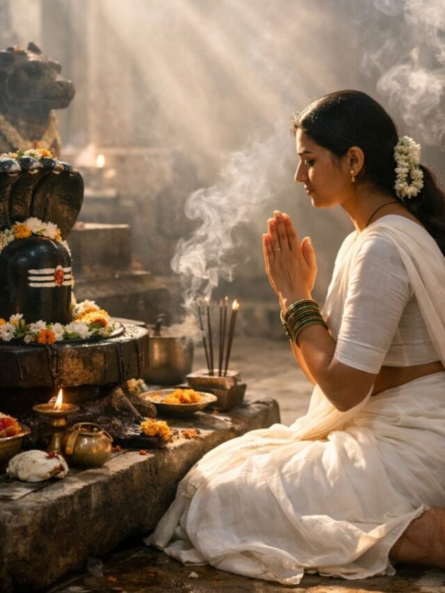 Devotee performing Monday fasting prayer with calm expression and diya lighting