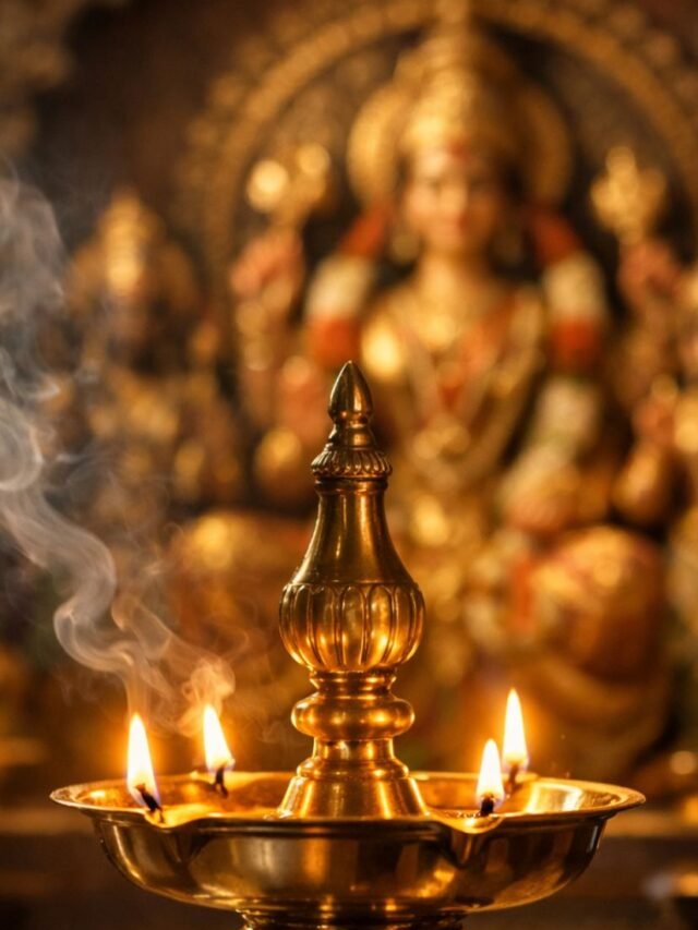 Traditional brass oil lamp glowing brightly in Hindu home temple with warm spiritual ambiance