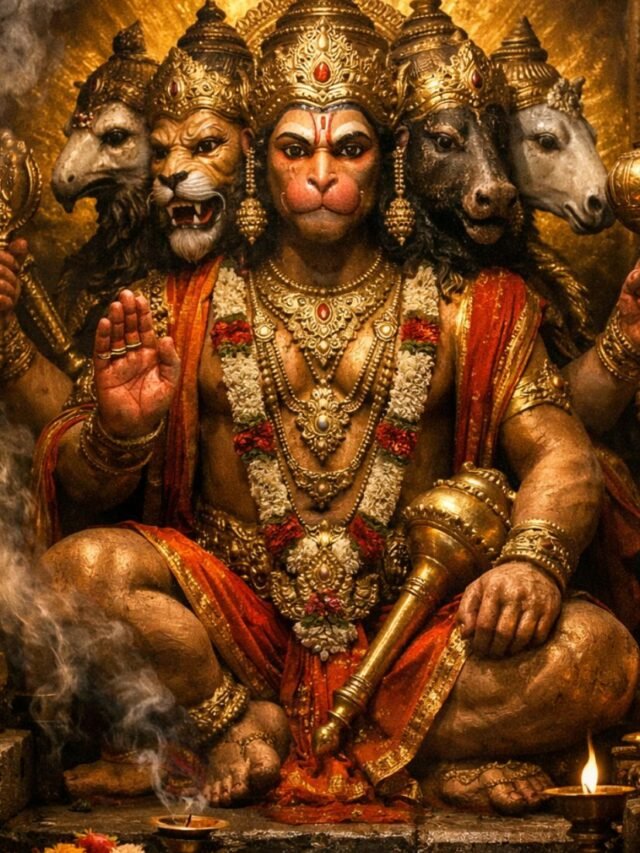Sacred Panchamukhi Hanuman idol showing five divine faces inside a temple.